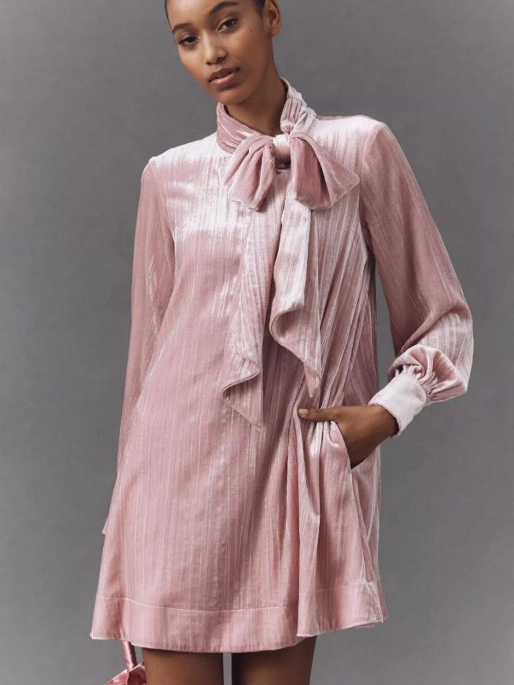Maeve Velvet Mini Dress Pink Tie Neck Long Sleeve Anthropologie M Romantic
